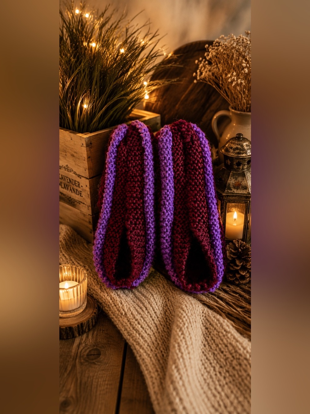 Handmade Cozy phentex Knit Women’s Slippers — Purple & Burgundy